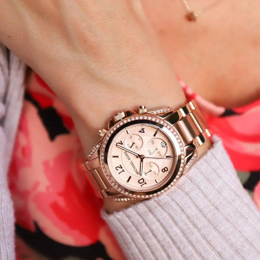Front view of Michael Kors MK5263 showcasing rose gold dial and crystal-set bezel