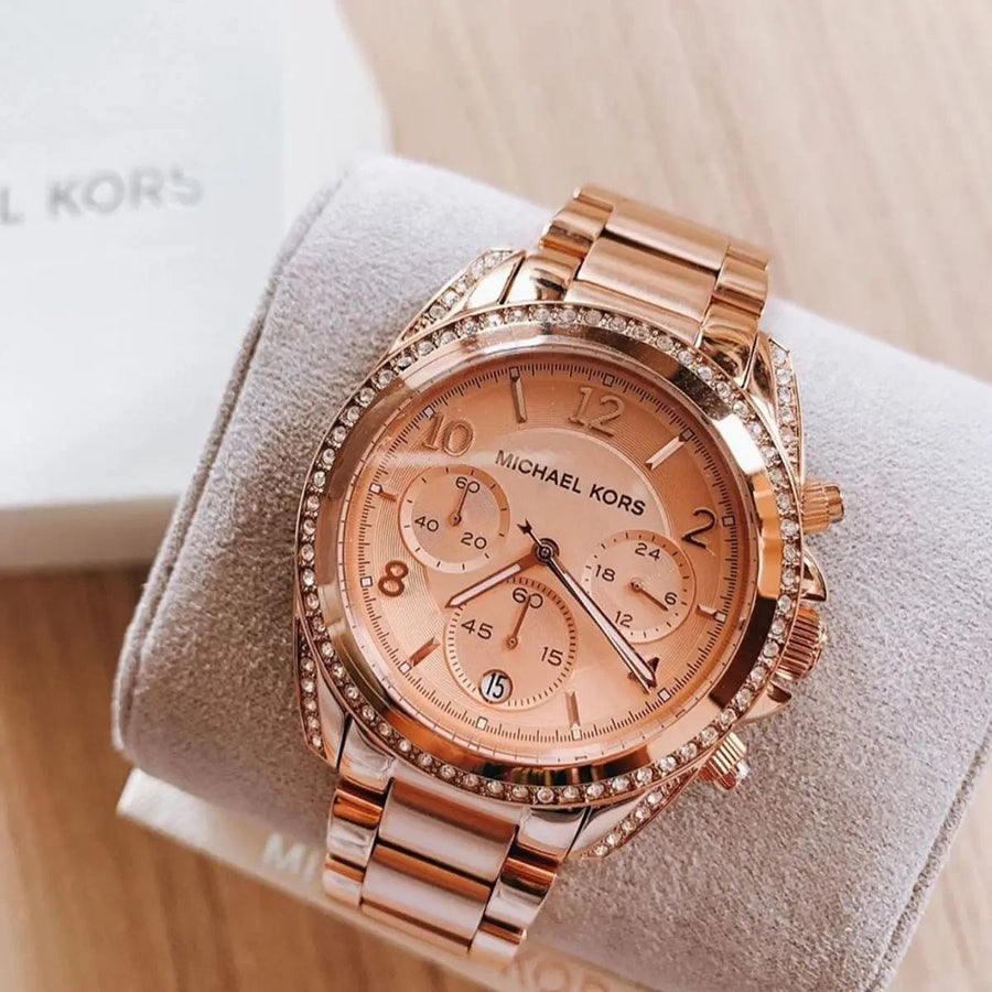 Front view of Michael Kors MK5263 showcasing rose gold dial and crystal-set bezel