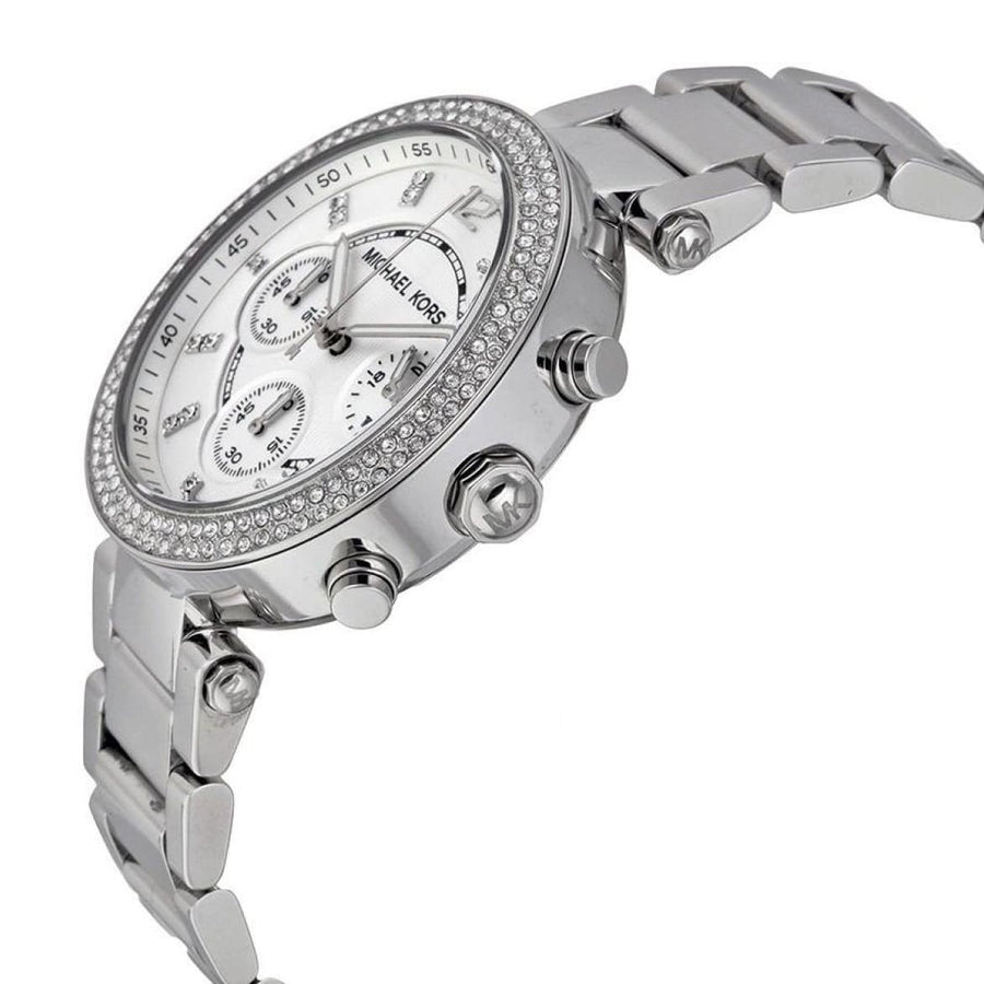 Front view of Michael Kors MK5353 showcasing silver dial and sparkling crystals around the bezel