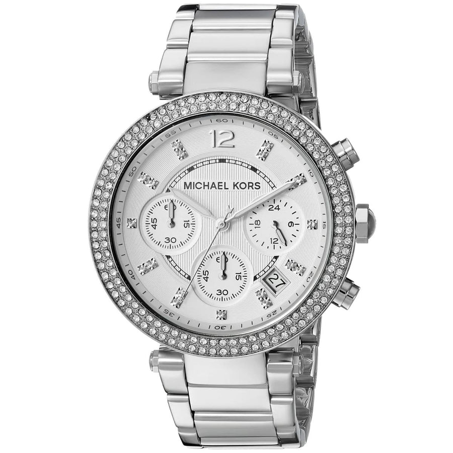 Front view of Michael Kors MK5353 showcasing silver dial and sparkling crystals around the bezel