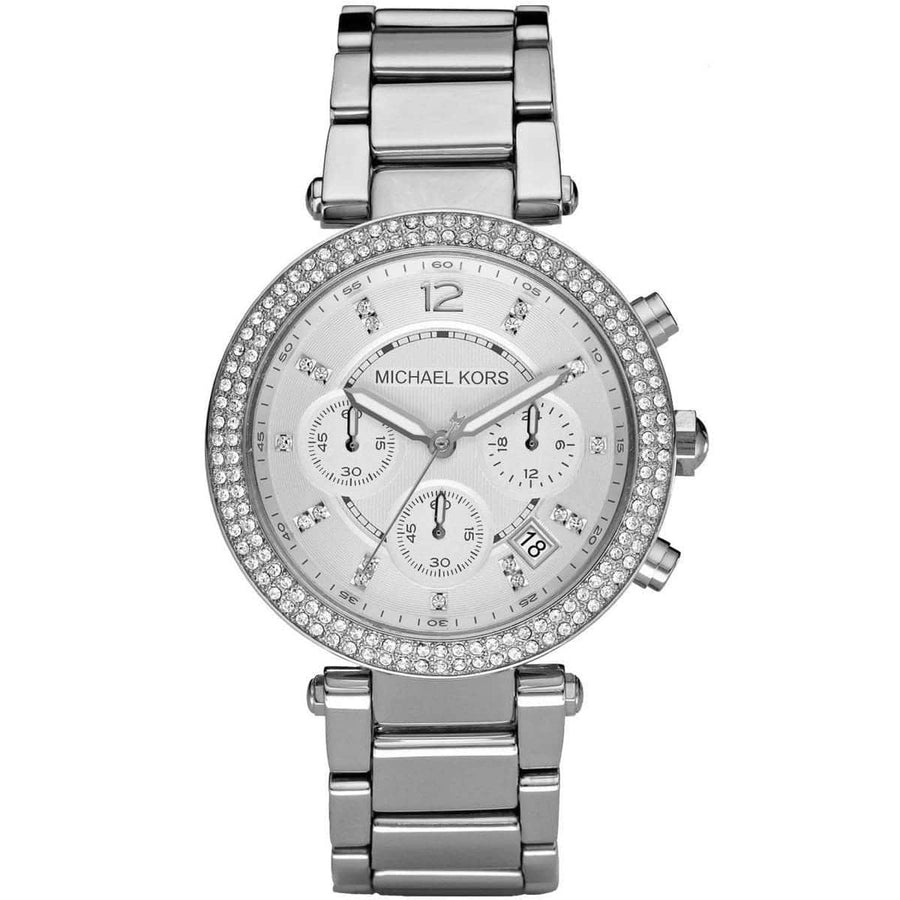 Front view of Michael Kors MK5353 showcasing silver dial and sparkling crystals around the bezel