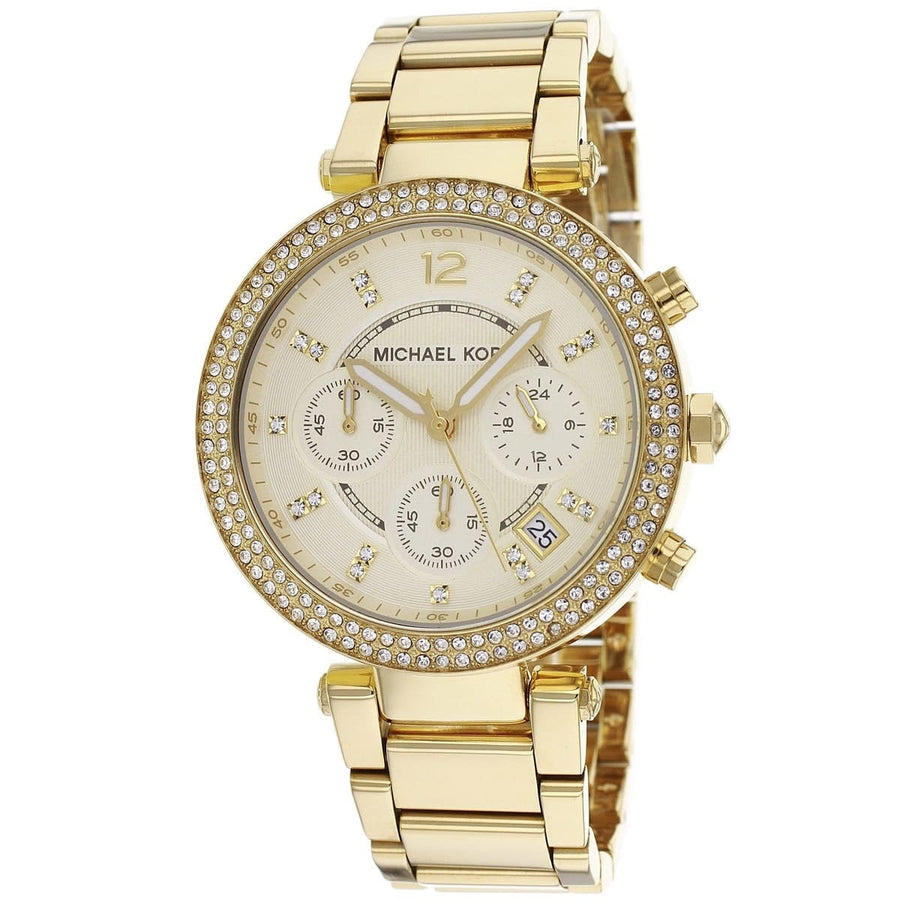 Front view of Michael Kors MK5354 with gold-tone dial and stainless steel bracelet