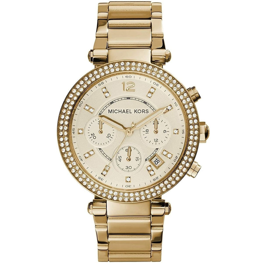 Front view of Michael Kors MK5354 with gold-tone dial and stainless steel bracelet
