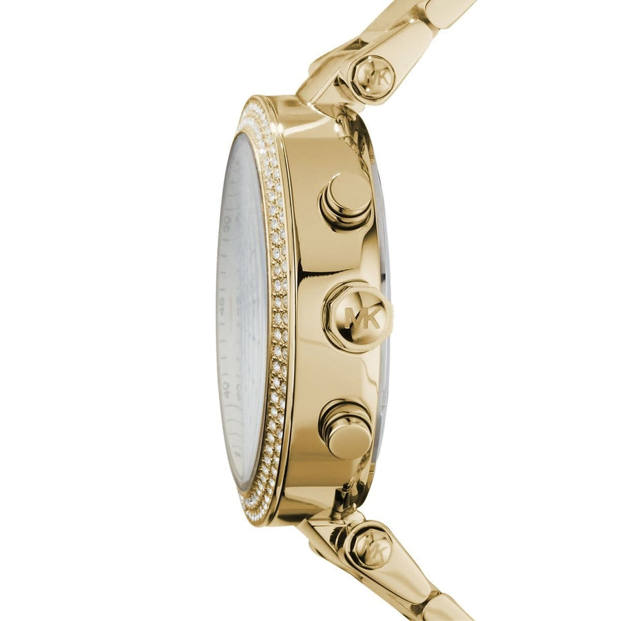 Front view of Michael Kors MK5354 with gold-tone dial and stainless steel bracelet