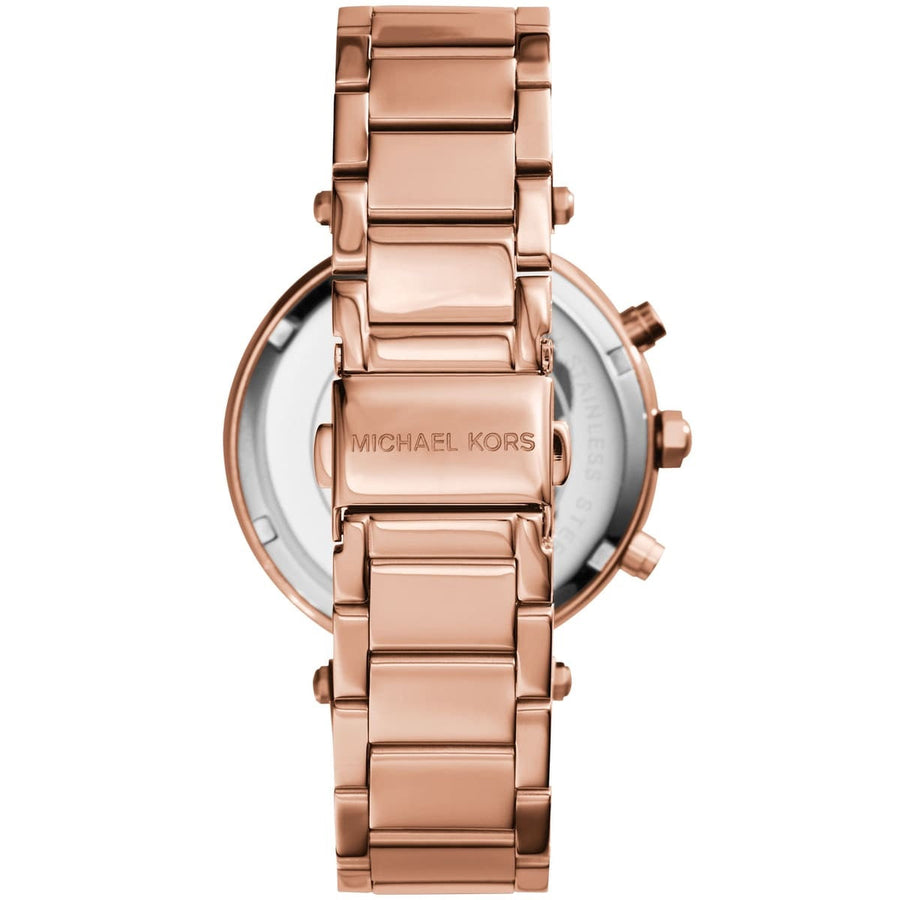 Front view of Michael Kors MK5491 showcasing rose gold case and shimmering mother of pearl dial