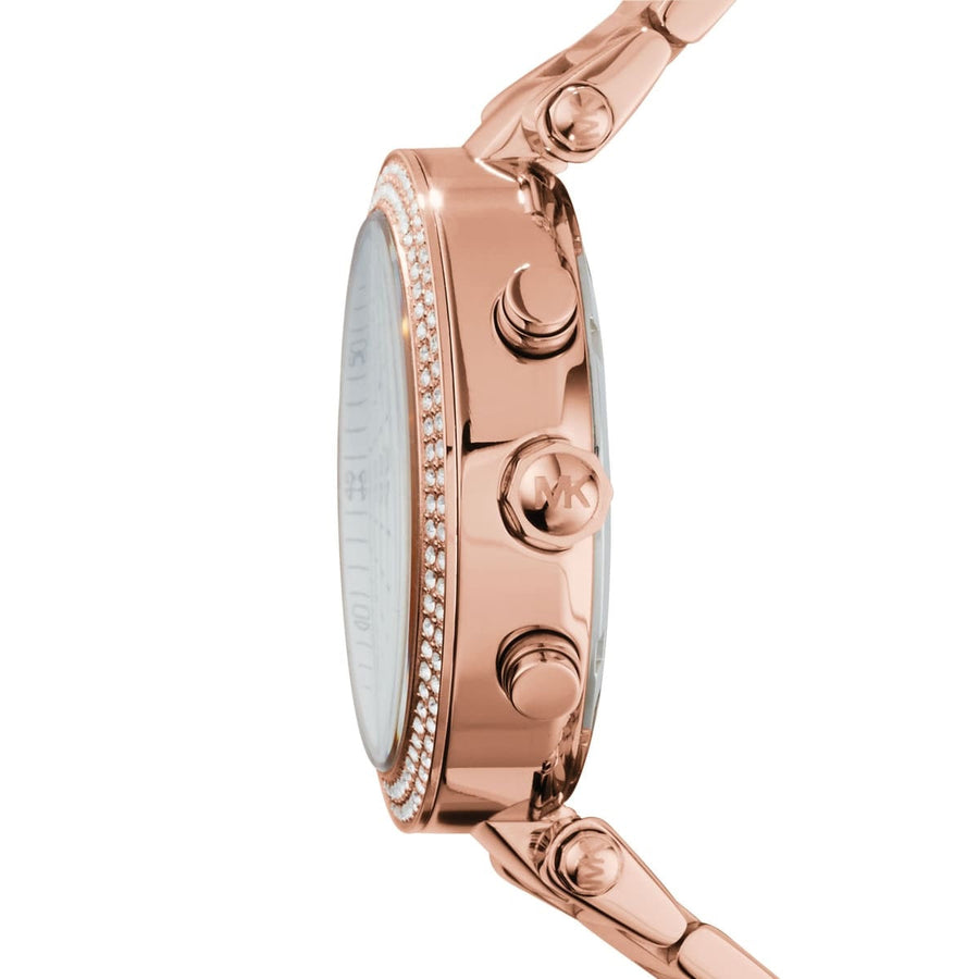 Front view of Michael Kors MK5491 showcasing rose gold case and shimmering mother of pearl dial