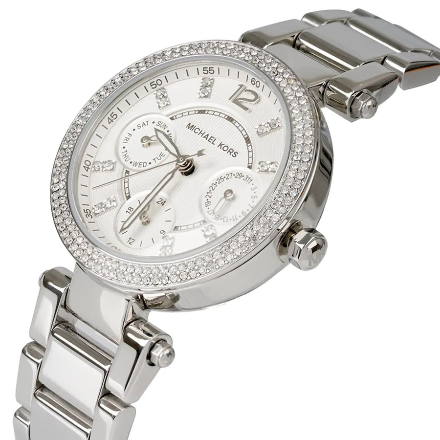 Front view of Michael Kors MK5615 women's silver-tone watch with monochrome dial