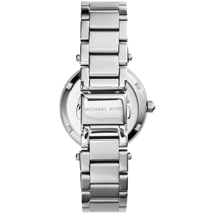 Front view of Michael Kors MK5615 women's silver-tone watch with monochrome dial