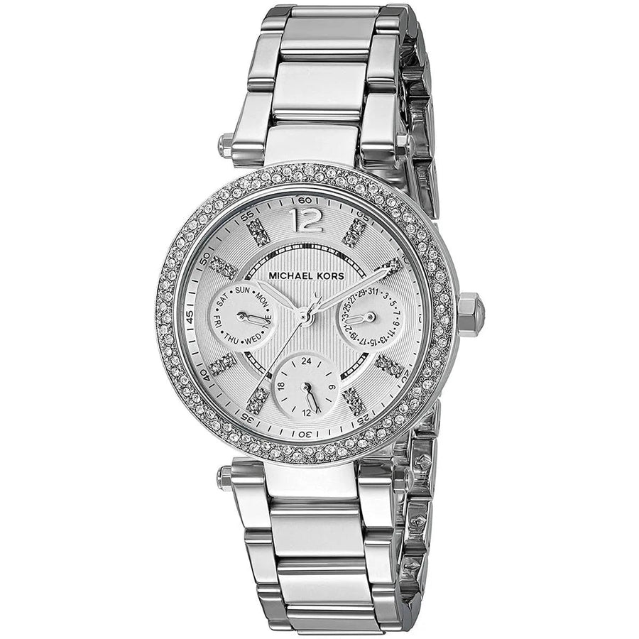 Front view of Michael Kors MK5615 women's silver-tone watch with monochrome dial