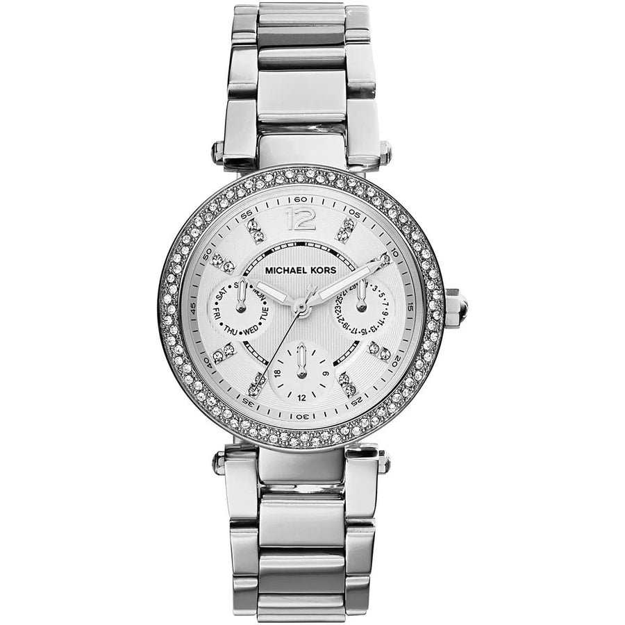 Front view of Michael Kors MK5615 women's silver-tone watch with monochrome dial