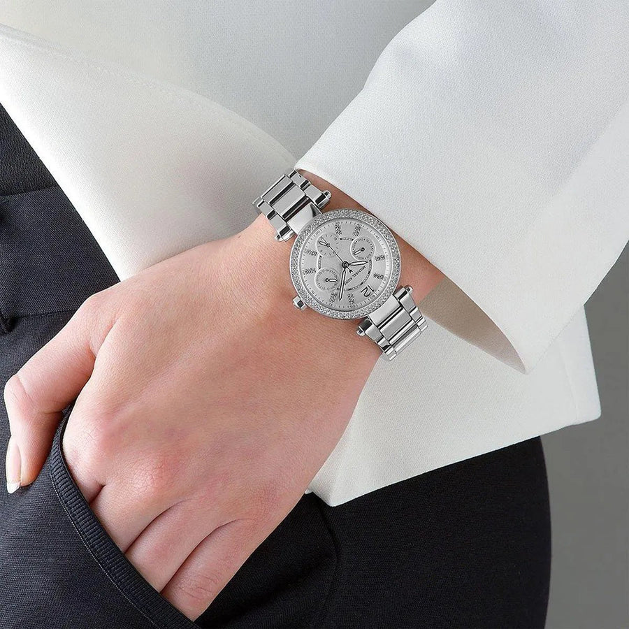 Front view of Michael Kors MK5615 women's silver-tone watch with monochrome dial