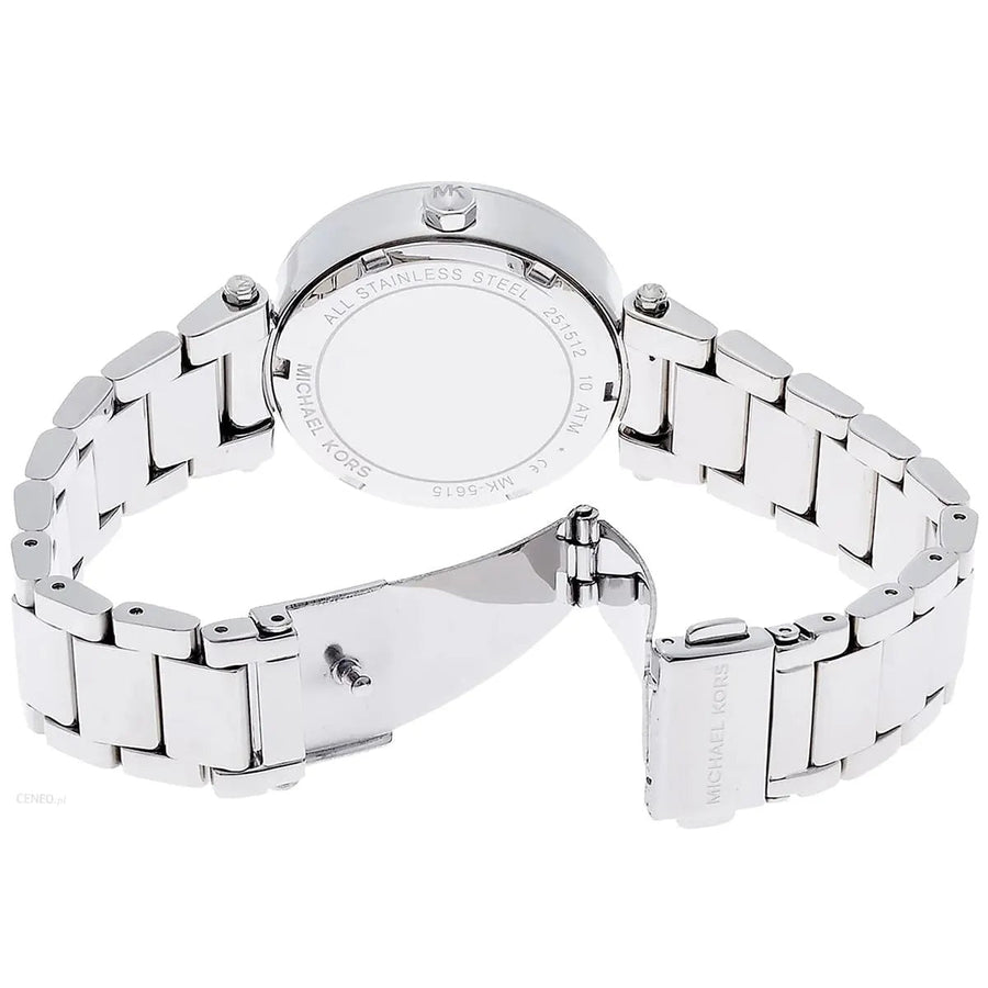 Front view of Michael Kors MK5615 women's silver-tone watch with monochrome dial