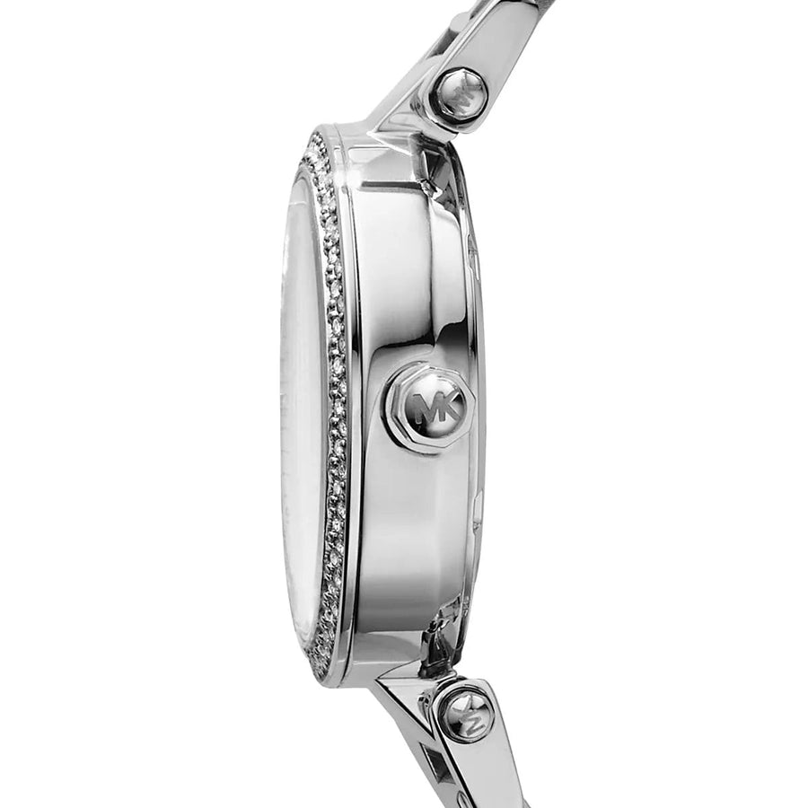 Front view of Michael Kors MK5615 women's silver-tone watch with monochrome dial