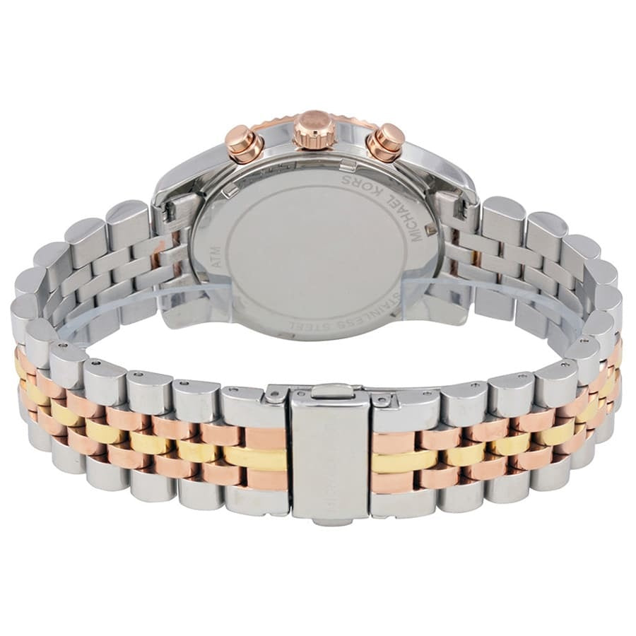 Front view of Michael Kors MK5735 showing silver dial and polished two-tone bracelet