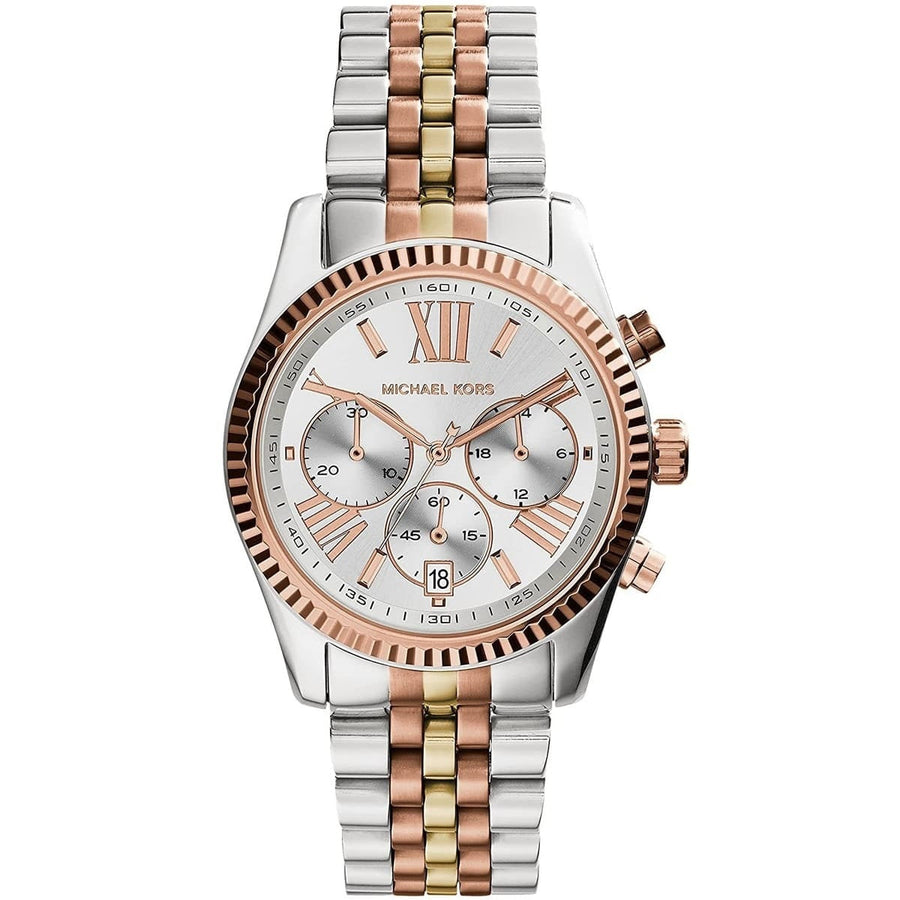 Front view of Michael Kors MK5735 showing silver dial and polished two-tone bracelet