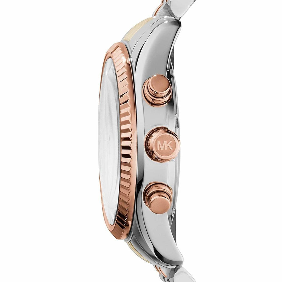 Front view of Michael Kors MK5735 showing silver dial and polished two-tone bracelet