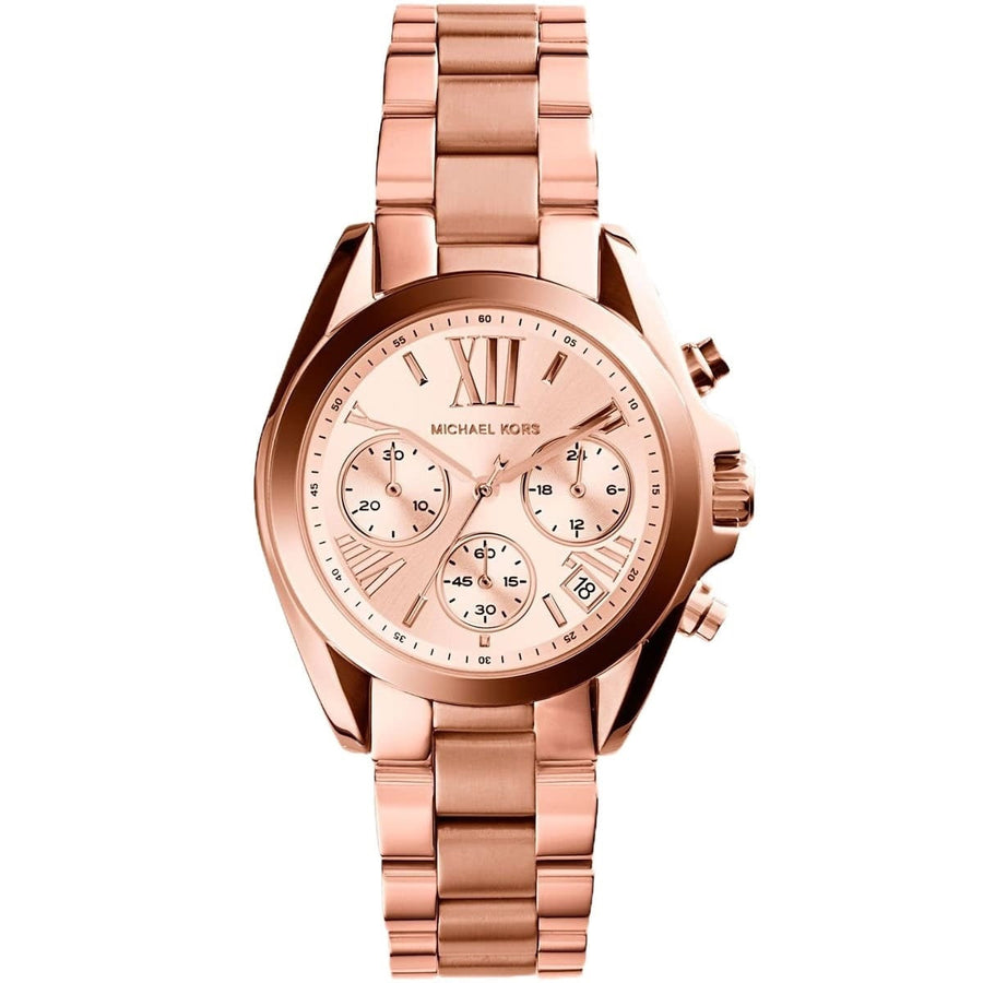 Front view of Michael Kors MK5799 women's watch with elegant rose gold dial