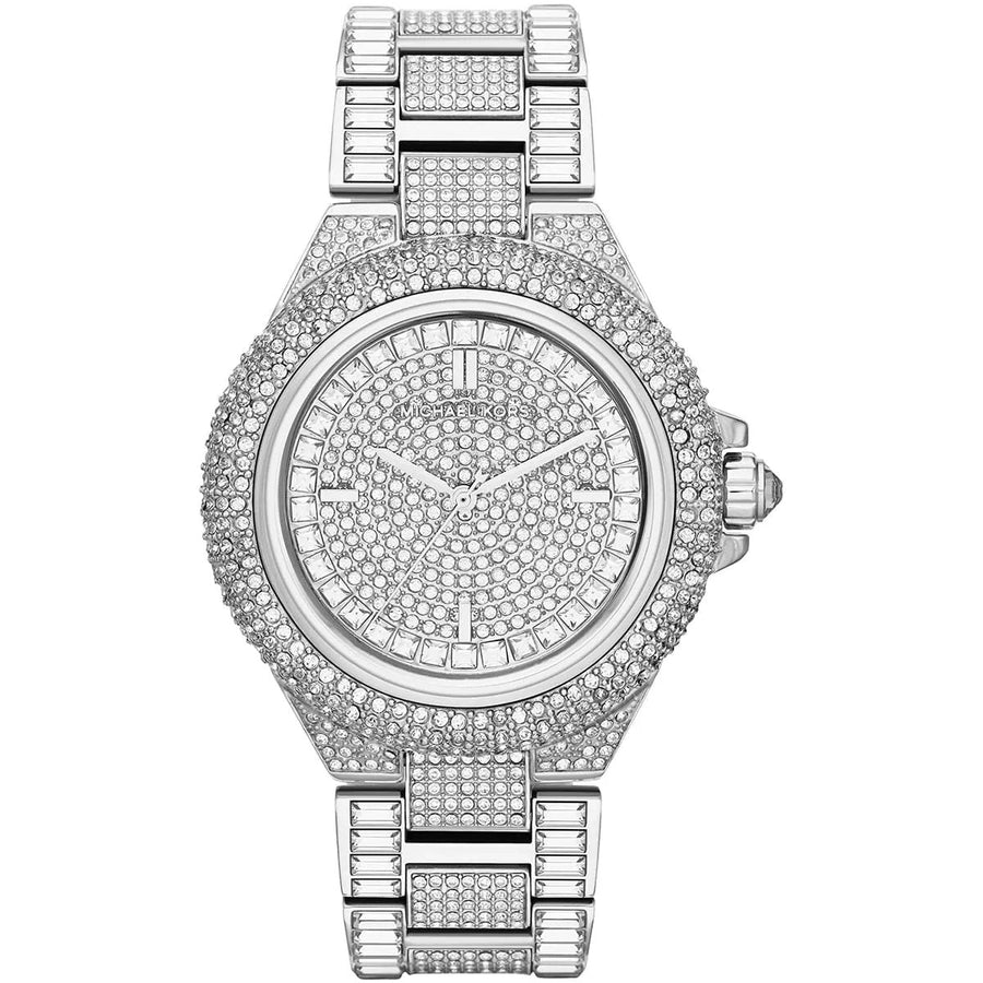 Front view of Michael Kors MK5869 women's silver watch with pavé crystal dial