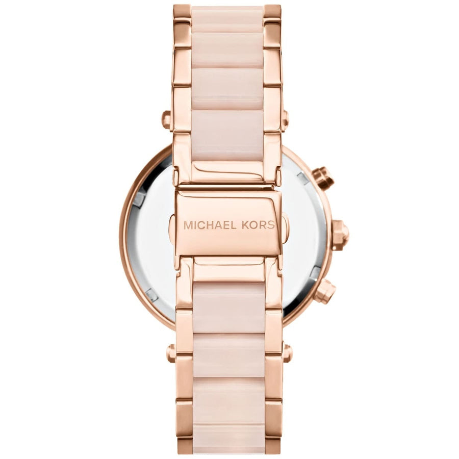 Front view of Michael Kors MK5896 women's rose gold watch with seamless dial