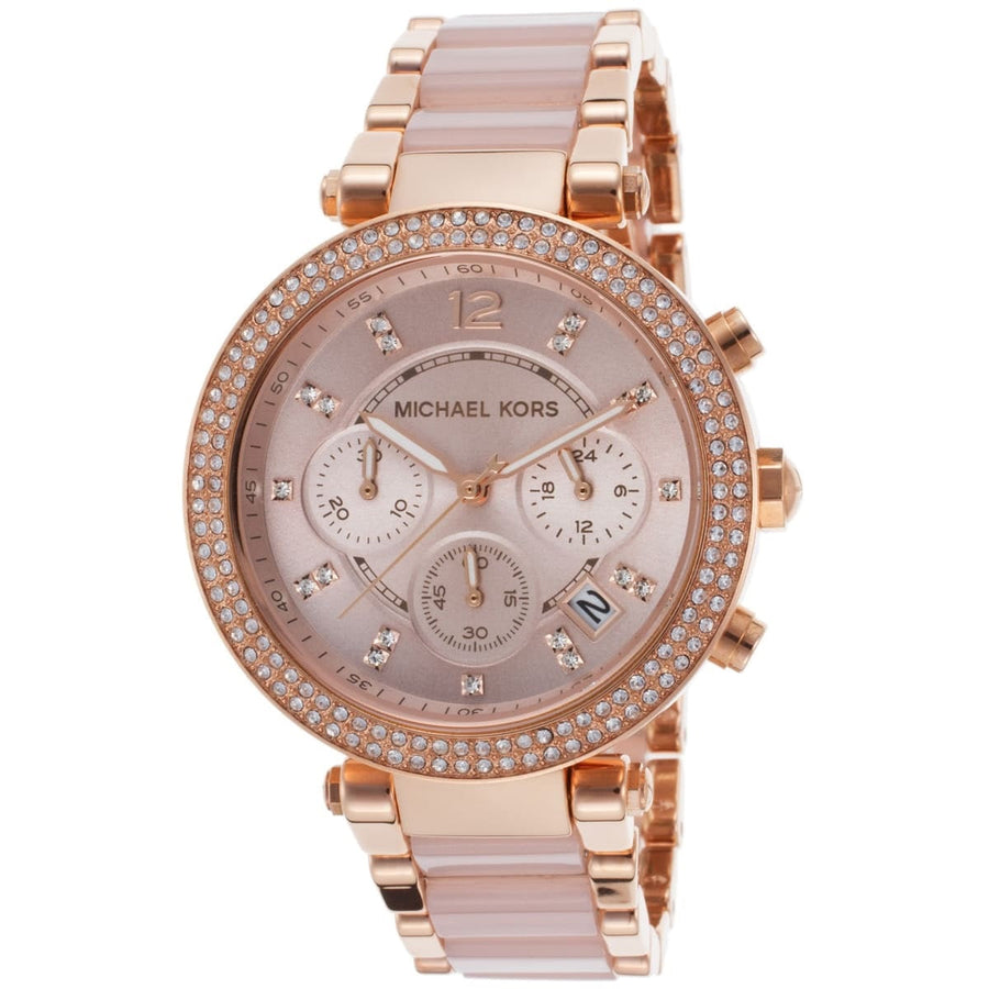 Front view of Michael Kors MK5896 women's rose gold watch with seamless dial