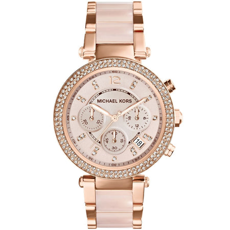 Front view of Michael Kors MK5896 women's rose gold watch with seamless dial