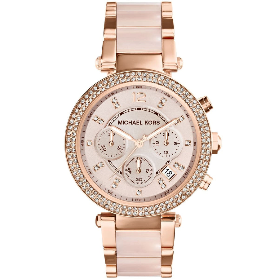Front view of Michael Kors MK5896 women's rose gold watch with seamless dial