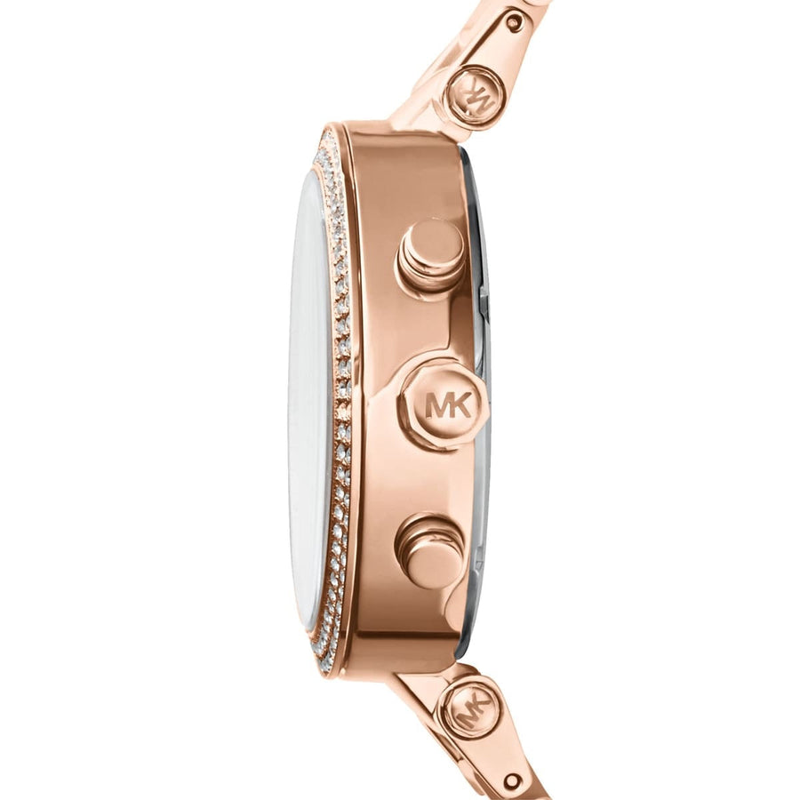 Front view of Michael Kors MK5896 women's rose gold watch with seamless dial