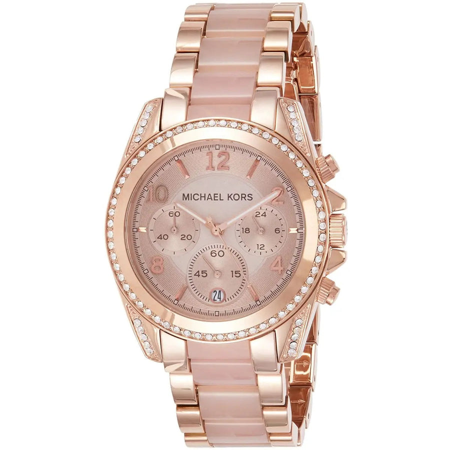 Front view of Michael Kors MK5943 women's rose gold watch with monochromatic dial