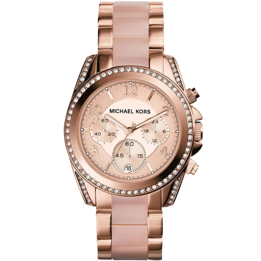 Front view of Michael Kors MK5943 women's rose gold watch with monochromatic dial