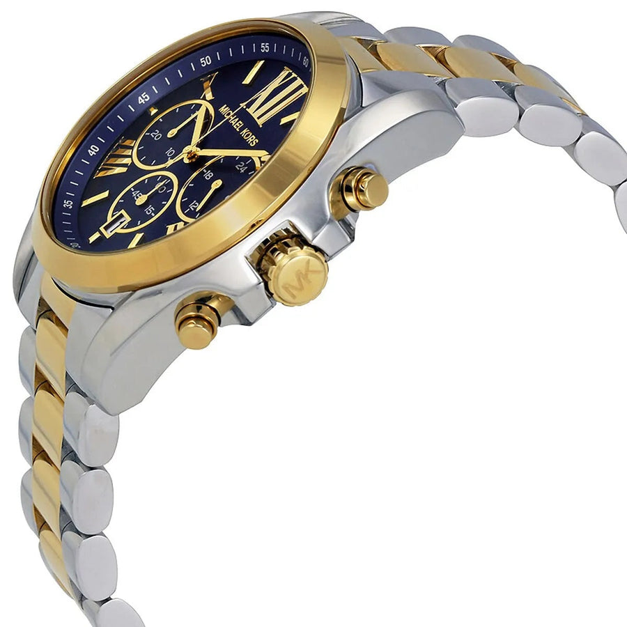 Front view of Michael Kors MK5976 with rich blue dial and gold-silver stainless steel strap