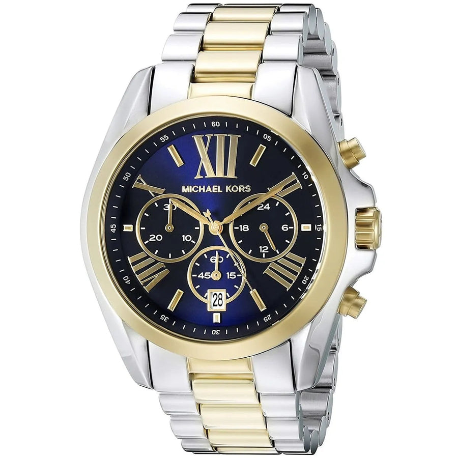 Front view of Michael Kors MK5976 with rich blue dial and gold-silver stainless steel strap