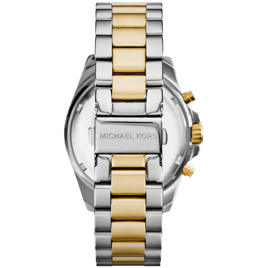Front view of Michael Kors MK5976 with rich blue dial and gold-silver stainless steel strap