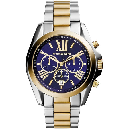 Front view of Michael Kors MK5976 with rich blue dial and gold-silver stainless steel strap