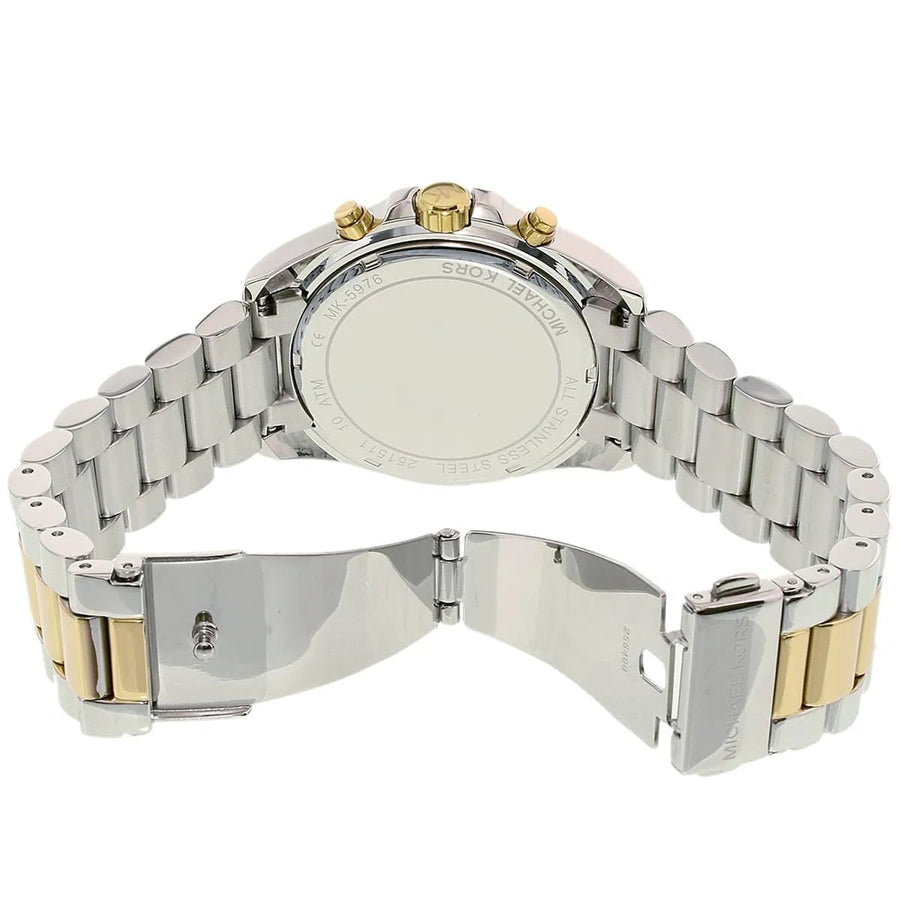 Front view of Michael Kors MK5976 with rich blue dial and gold-silver stainless steel strap