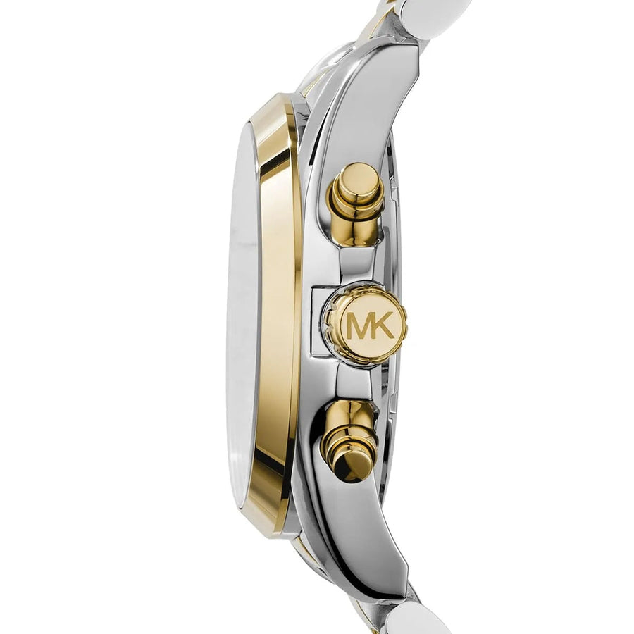 Front view of Michael Kors MK5976 with rich blue dial and gold-silver stainless steel strap