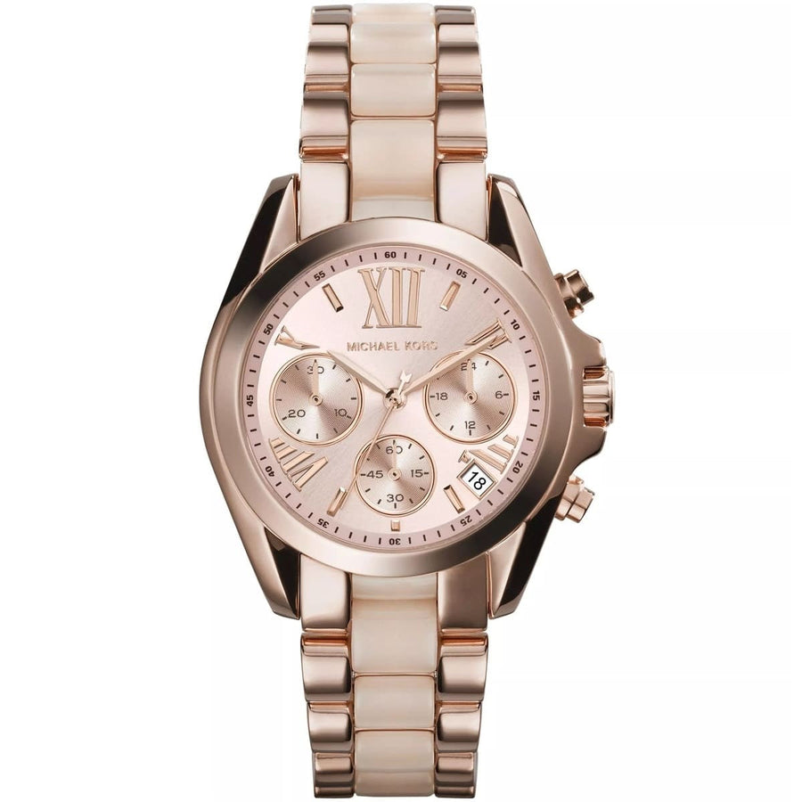 Front view of Michael Kors MK6066 women's rose gold-tone watch with sleek dial