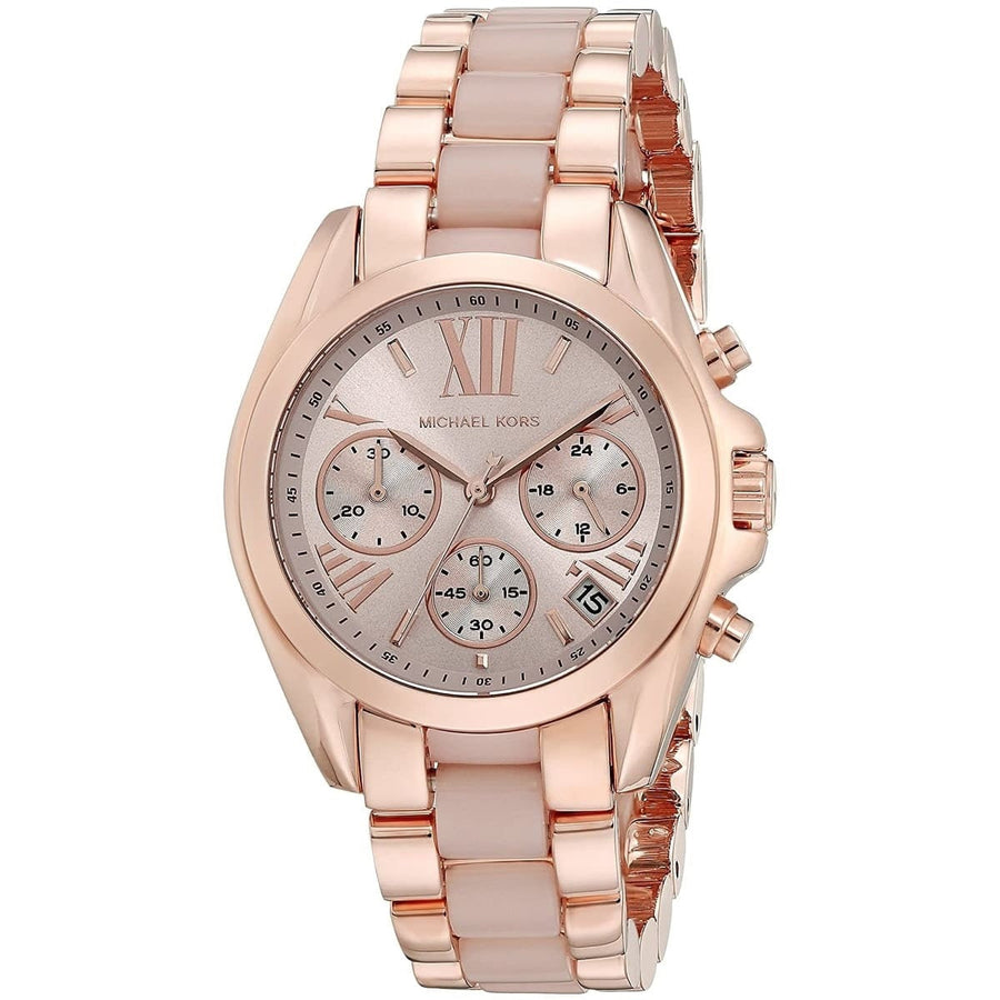 Front view of Michael Kors MK6066 women's rose gold-tone watch with sleek dial