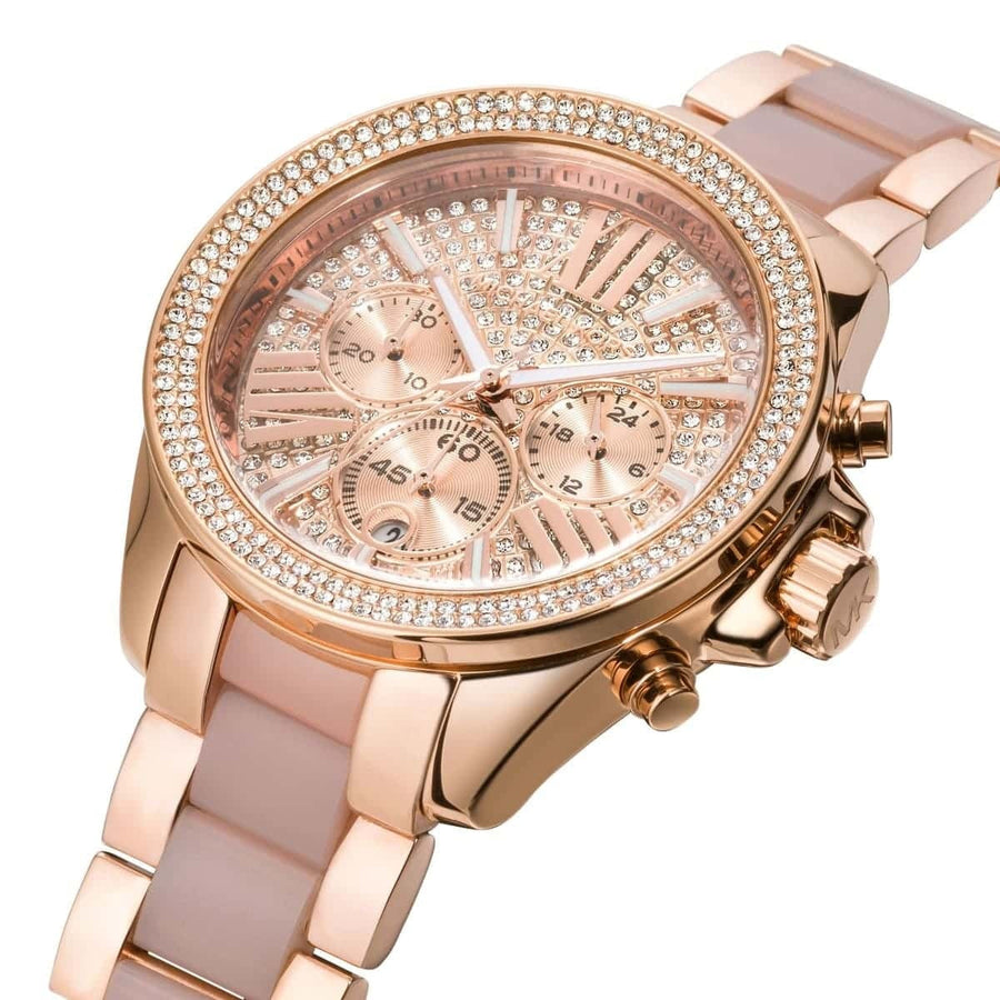 Front view of Michael Kors MK6096 women's rose gold watch with sparkling crystal dial