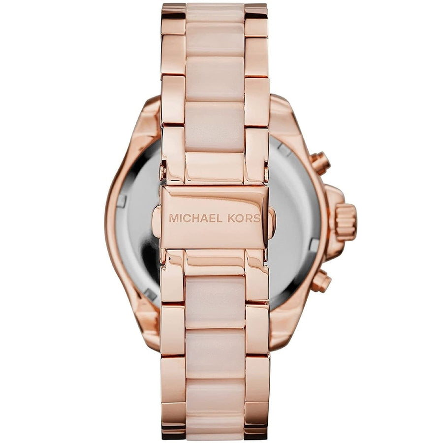 Front view of Michael Kors MK6096 women's rose gold watch with sparkling crystal dial