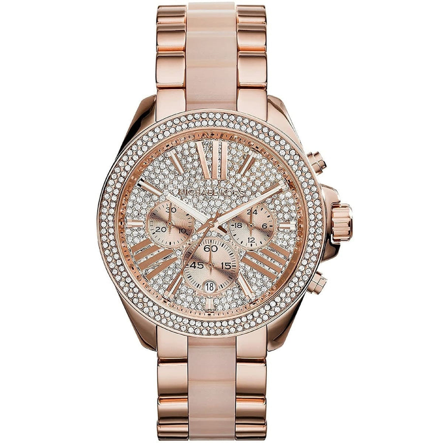 Front view of Michael Kors MK6096 women's rose gold watch with sparkling crystal dial