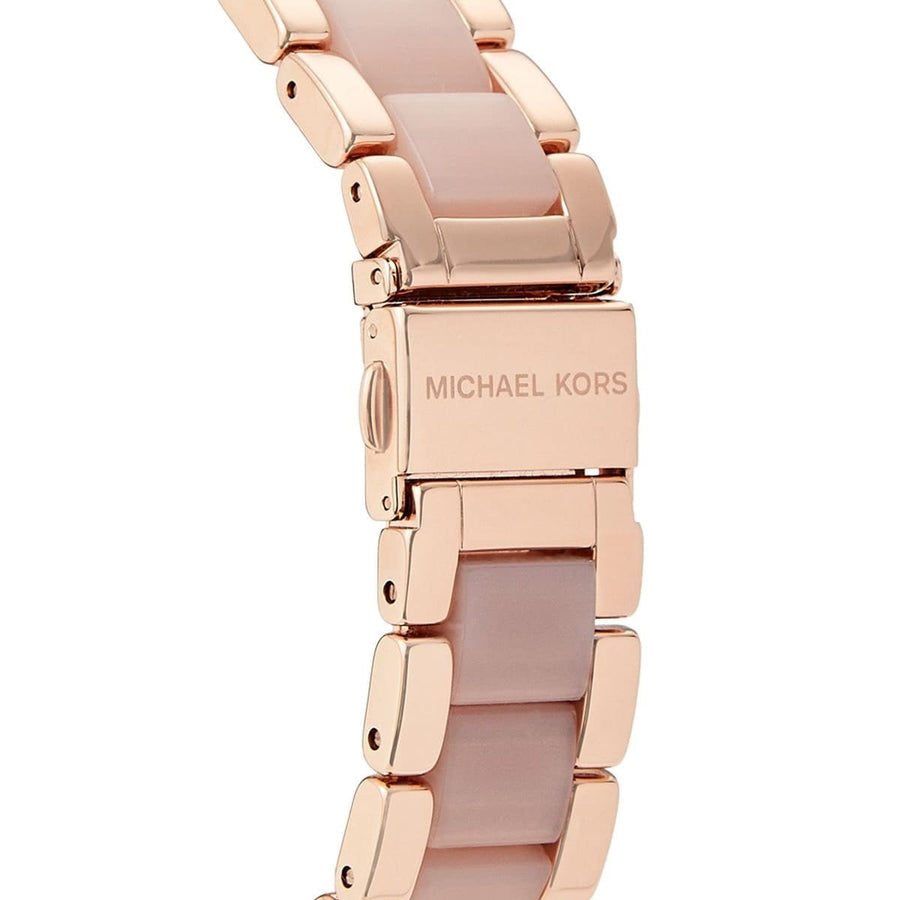 Front view of Michael Kors MK6096 women's rose gold watch with sparkling crystal dial