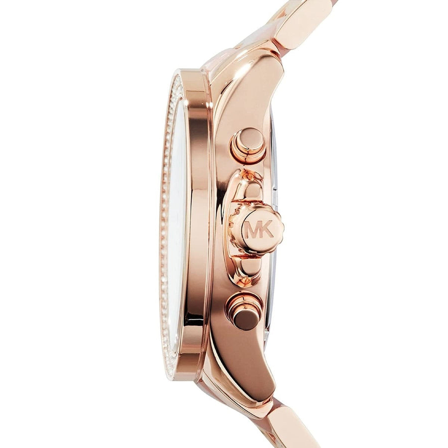 Front view of Michael Kors MK6096 women's rose gold watch with sparkling crystal dial