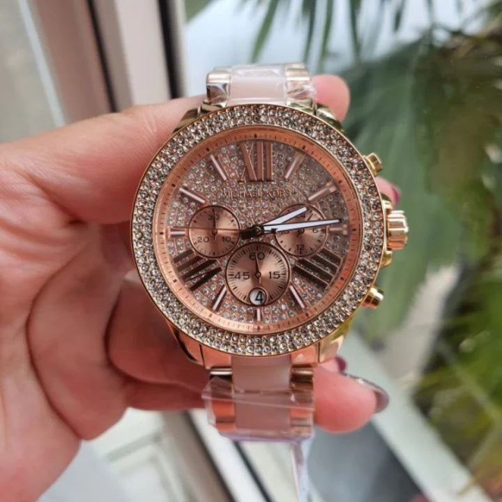 Front view of Michael Kors MK6096 women's rose gold watch with sparkling crystal dial