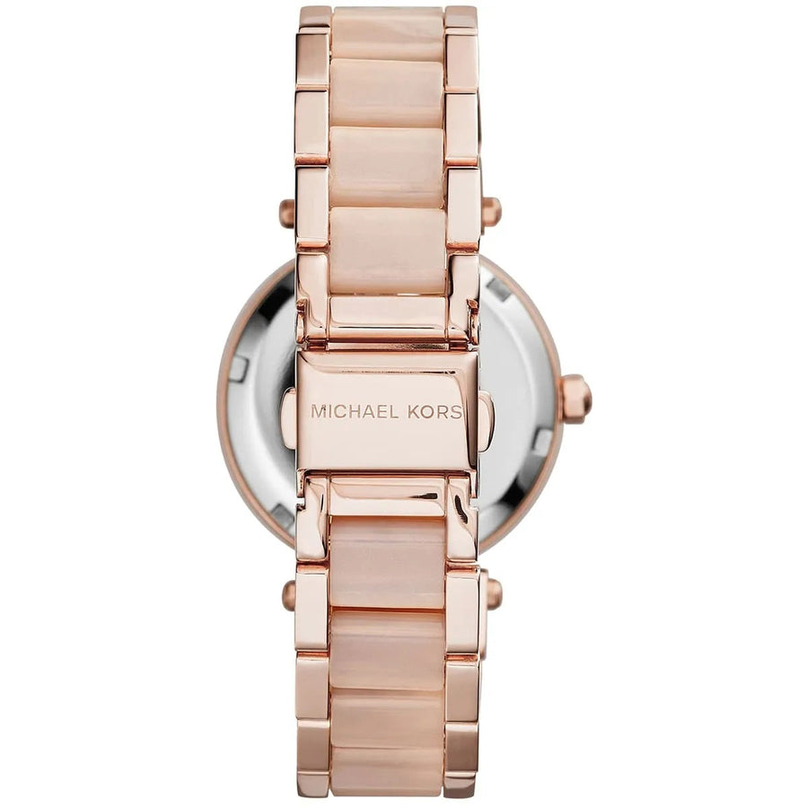Front view of Michael Kors MK6110 women's rose gold-tone watch with matching dial