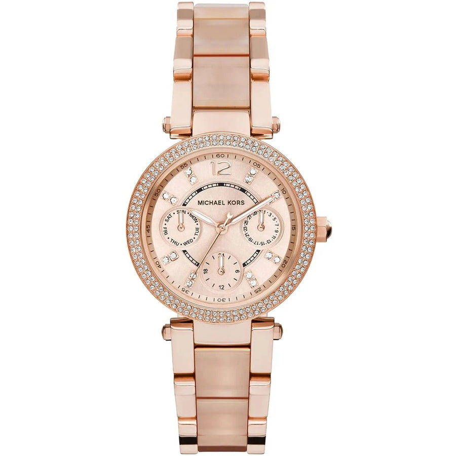 Front view of Michael Kors MK6110 women's rose gold-tone watch with matching dial