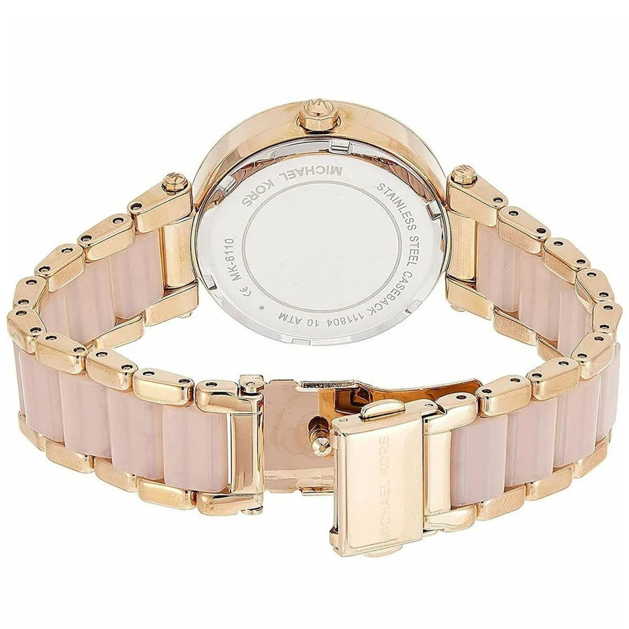 Front view of Michael Kors MK6110 women's rose gold-tone watch with matching dial
