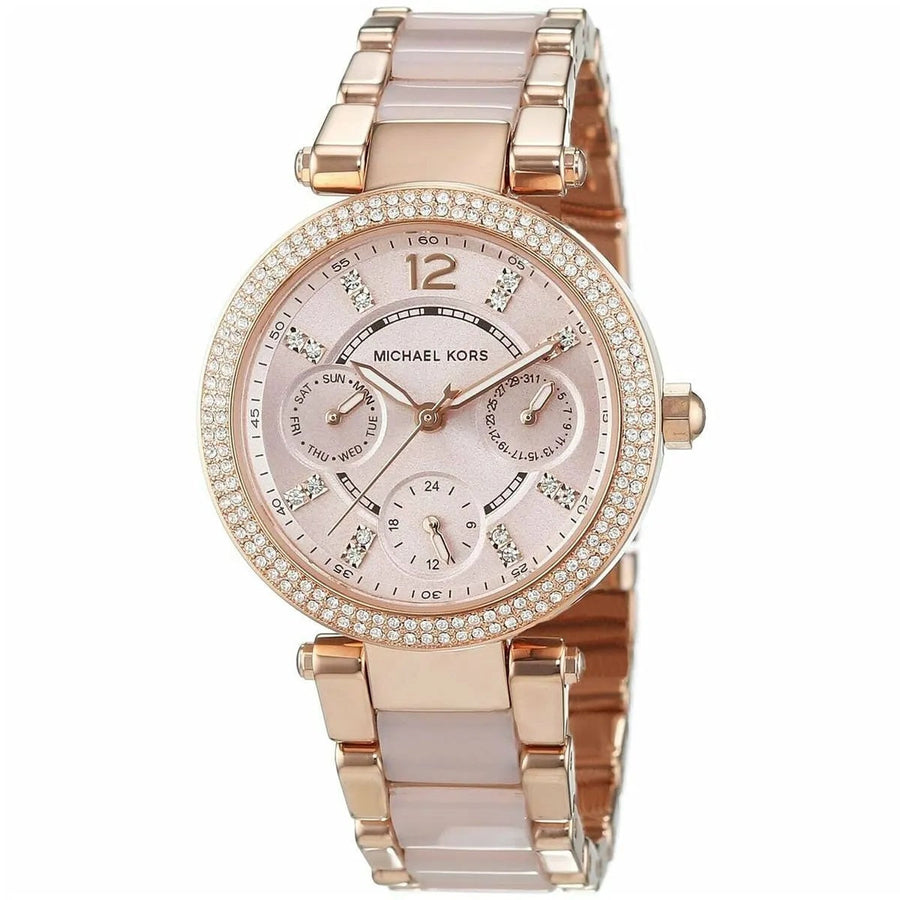 Front view of Michael Kors MK6110 women's rose gold-tone watch with matching dial