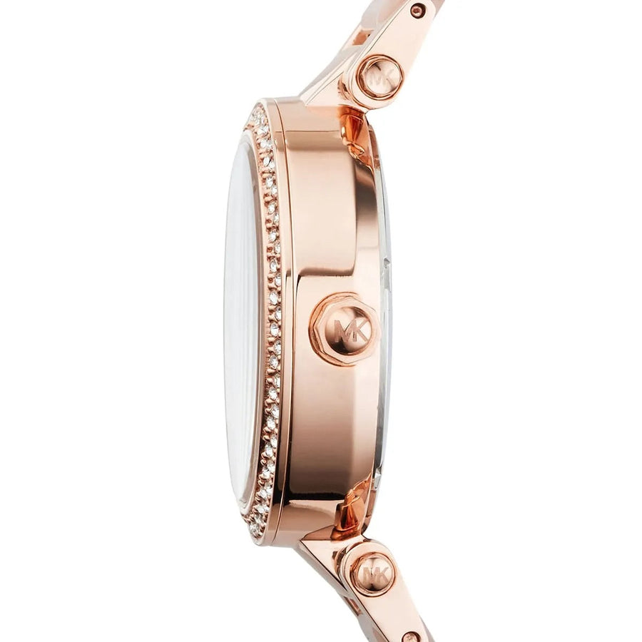Front view of Michael Kors MK6110 women's rose gold-tone watch with matching dial