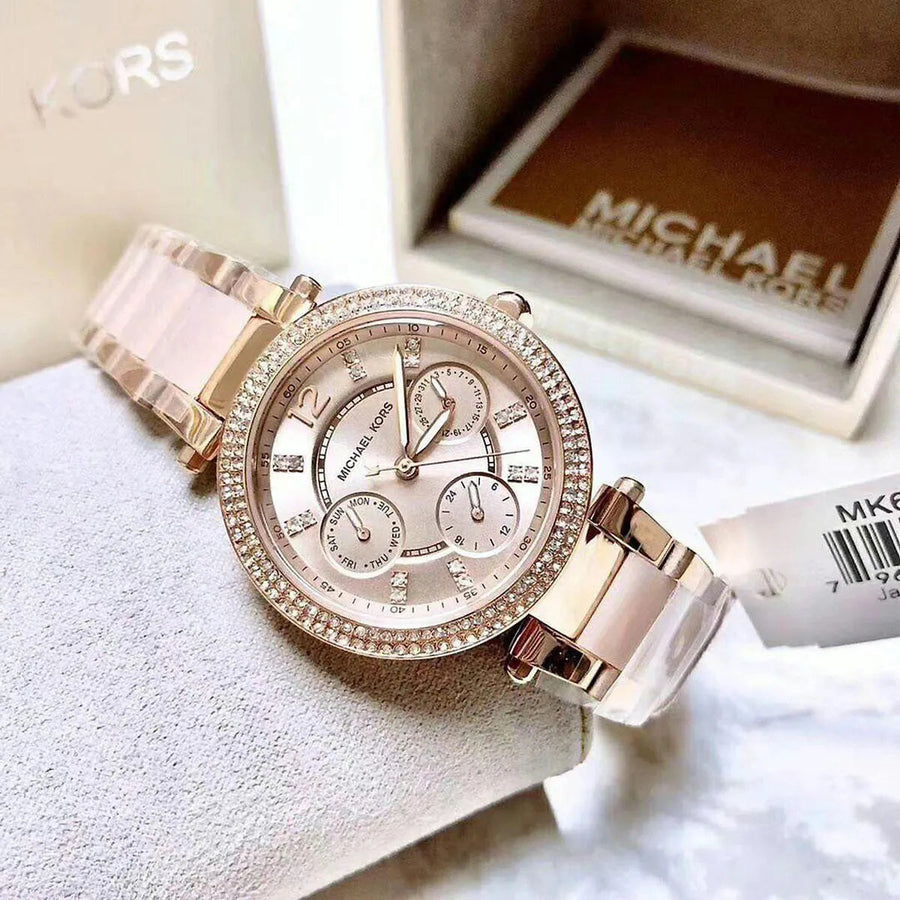 Front view of Michael Kors MK6110 women's rose gold-tone watch with matching dial