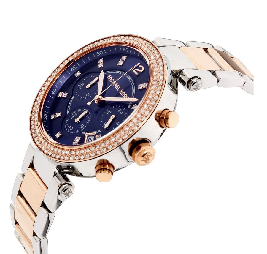 Front view of Michael Kors MK6141 women's two-tone watch with deep blue dial